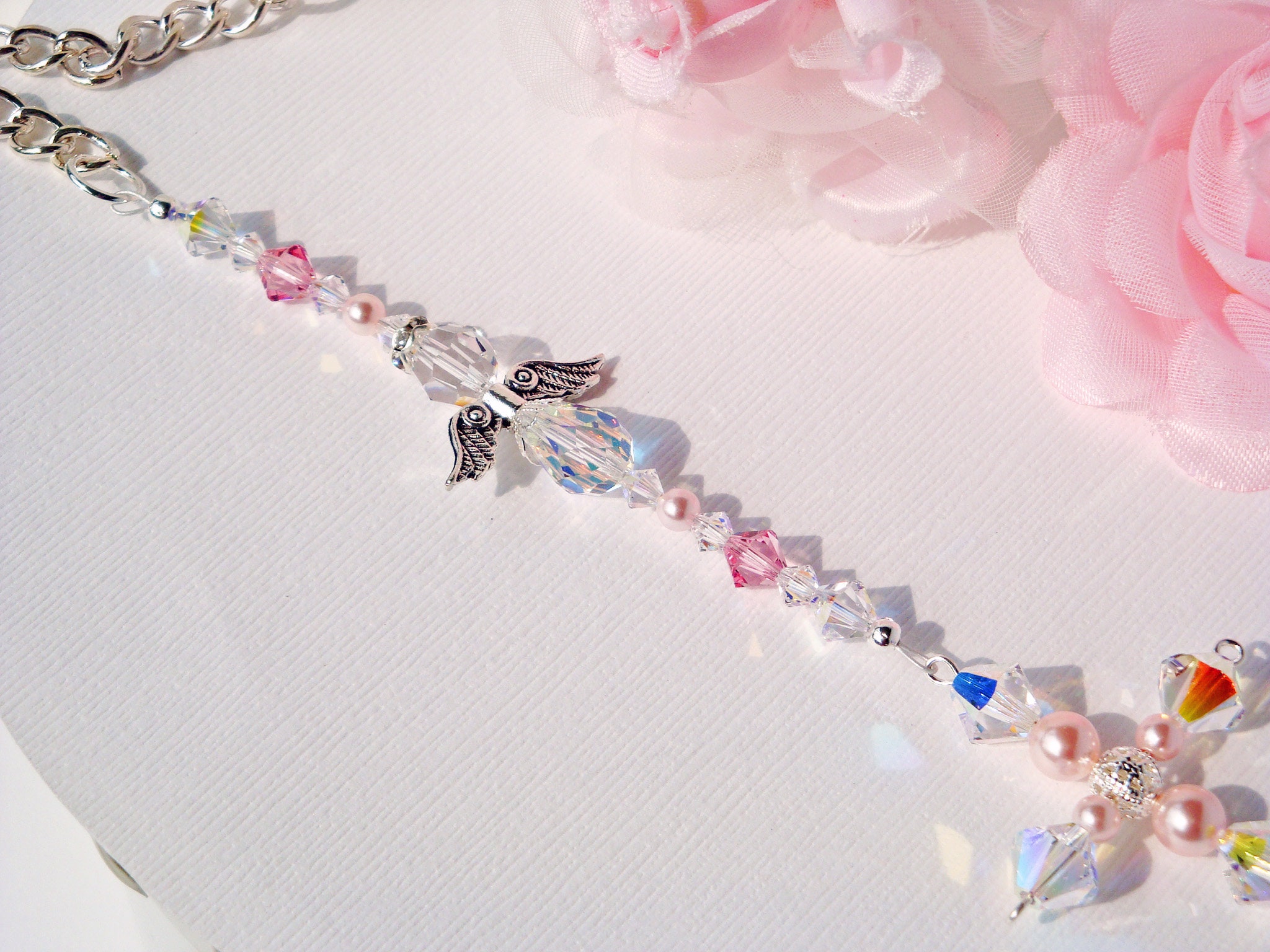 Crystal and Pearl Cross with Angel Rear View Charm, Religious Car  Accessories