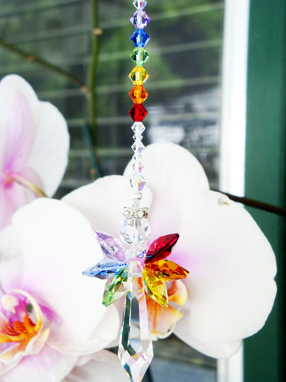 Swarovski Crystal Suncatcher LARGE Angel Aurora Borealis Body and Colorful  7 Healing CHAKRA Colored Wings Car Charm Lilli Heart Designs 