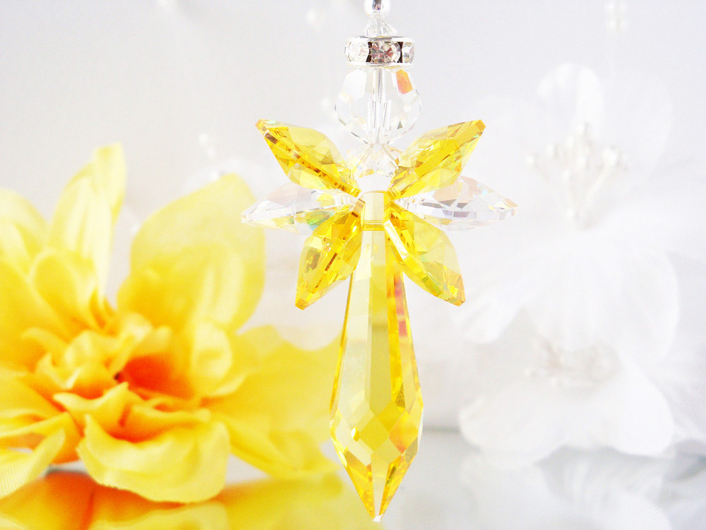 Yellow Angel Car Charm, Swarovski Crystal Rear View Mirror Charm