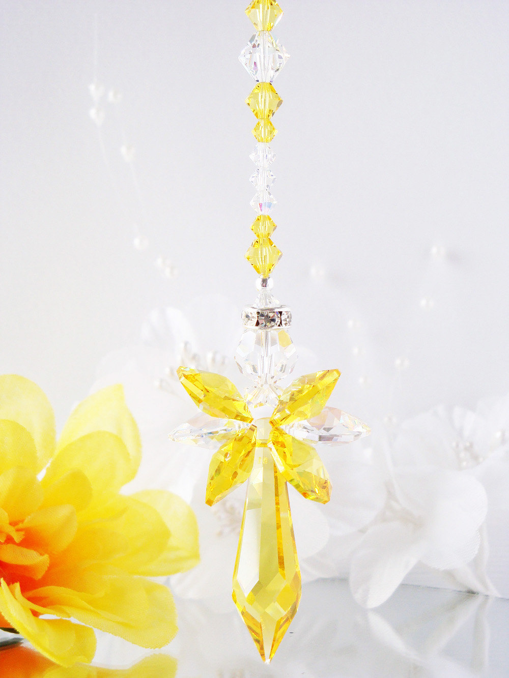 Yellow Angel Car Charm, Swarovski Crystal Rear View Mirror Charm