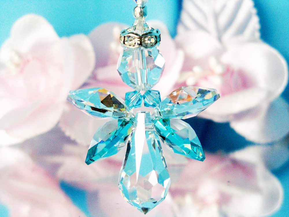 Crystal Angel Suncatcher Car Charm, Turquoise Blue Rear View Mirror Charm