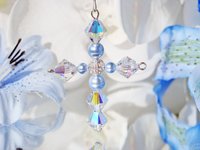 Crystal and Blue Pearl Cross with Angel Rear View Mirror Charm