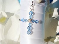 Wedding Bouquet Charm with Aquamarine Swarovski Crystal Cross – Something Blue for Bride Gift