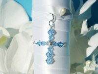 Wedding Bouquet Charm with Aquamarine Swarovski Crystal Cross – Something Blue for Bride Gift