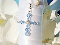 Wedding Bouquet Charm with Aquamarine Swarovski Crystal Cross – Something Blue for Bride Gift