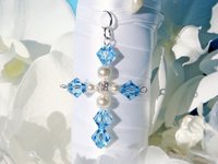 Swarovski Crystal Aquamarine Cross – Something Blue Charm for Bride’s Wedding Bouquet