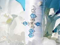 Swarovski Crystal Aquamarine Cross – Something Blue Charm for Bride’s Wedding Bouquet