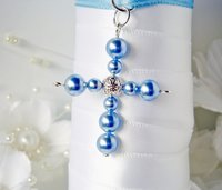 Something Blue Wedding Bouquet Charm – Swarovski Pearl Cross for Bride | Bridal Bouquet Keepsake Gift