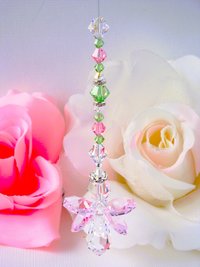 RESERVED LISTING Angel Car Charm, Light Pink and Peridot Green Rear View Mirror Charm, Swarovski Crystal