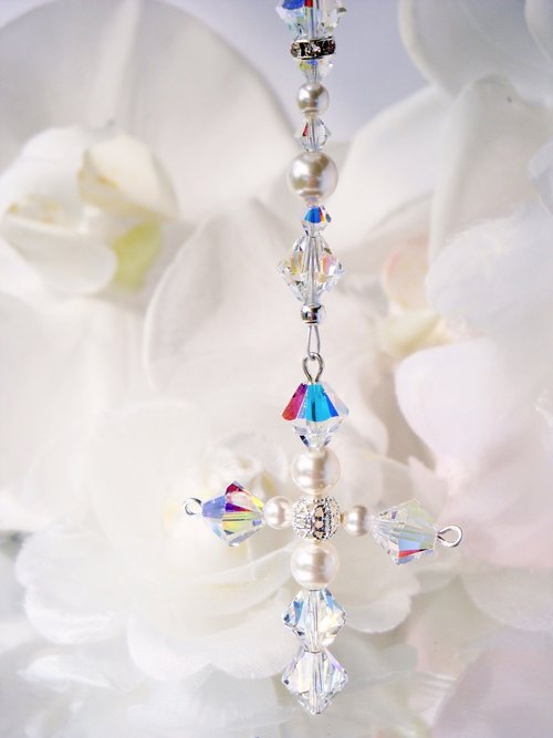 Crystal and White Pearl Cross Car Charm