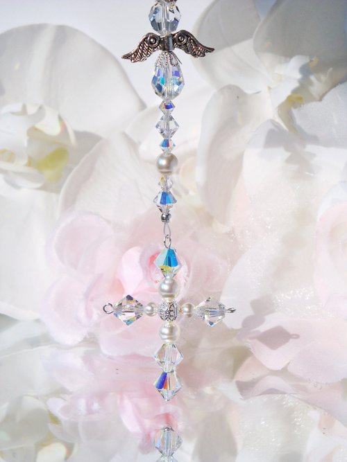 Crystal and White Pearl Cross and Angel Car Charm