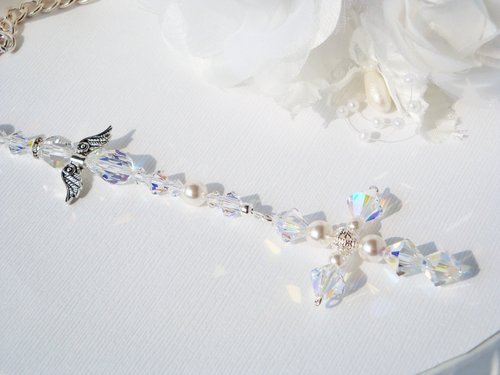 Crystal and White Pearl Cross with Angel