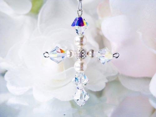 Crystal and White Pearl Cross with Angel Car Charm