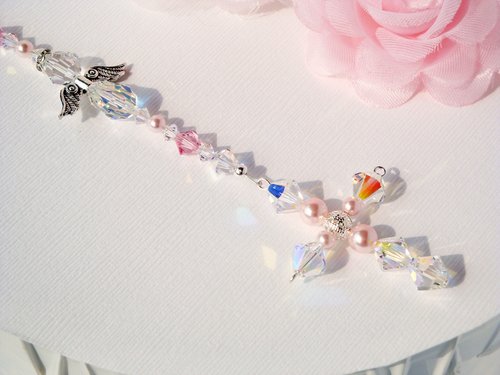 Crystal and Lt. Pink Pearl Cross with Angel for Car Mirror