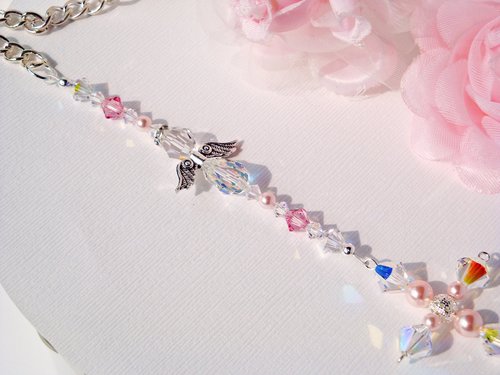 Swarovski Crystal and Pearl Cross with Angel Religious Car Charm