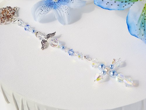 Crystal and Blue Pearl Cross with Angel for Car