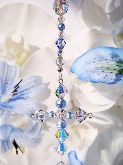 Crystal and Blue Pearl Cross with Angel Religious Car Charm