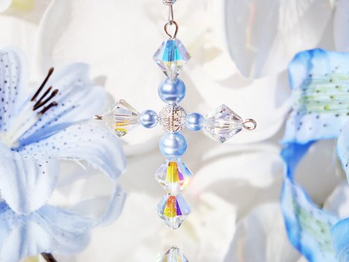 Crystal and Blue Pearl Cross with Angel for Car
