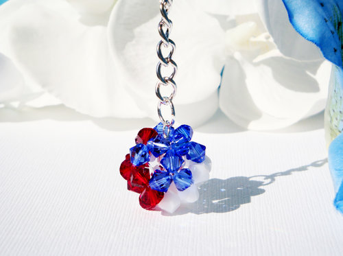 Red, White and Blue Swarovski Crystal Ball Keychain, Patriotic Key Chain, Crystal Keychains for Women