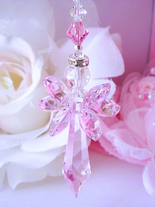 Crystal Angel Suncatcher, Rear View Mirror Car Charm, Pink Car Accessories, Angel Memorial Gift