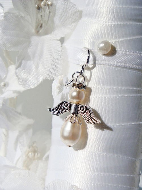 Wedding Bouquet Charm – White Swarovski Pearl Angel Charm for Bride | Bridal Memorial Keepsake Gift