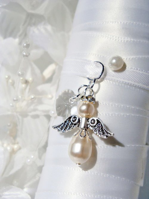 Wedding Bouquet Charm – White Swarovski Pearl Angel Charm for Bride | Bridal Memorial Keepsake Gift