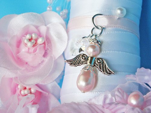 Angel Wedding Bouquet Charm – Pink Swarovski Pearl Bridal Keepsake, Angel Memorial Gift for Bride