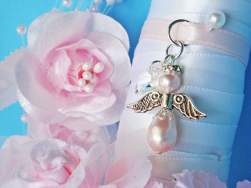 Angel Wedding Bouquet Charm – Pink Swarovski Pearl Bridal Keepsake, Angel Memorial Gift for Bride