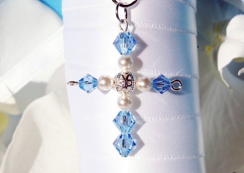 Something Blue Bridal Bouquet Charm – Crystal Cross Wedding Keepsake & Gift for Bride