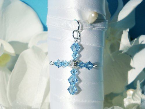 Wedding Bouquet Charm with Aquamarine Swarovski Crystal Cross – Something Blue for Bride Gift