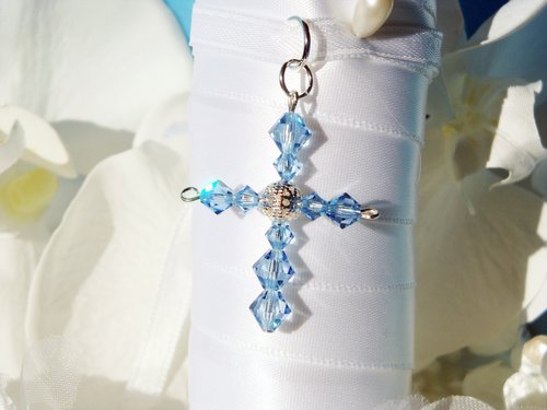 Wedding Bouquet Charm with Aquamarine Swarovski Crystal Cross – Something Blue for Bride Gift