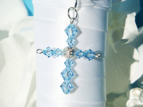 Wedding Bouquet Charm with Aquamarine Swarovski Crystal Cross – Something Blue for Bride Gift