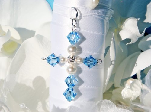 Swarovski Crystal Aquamarine Cross – Something Blue Charm for Bride’s Wedding Bouquet