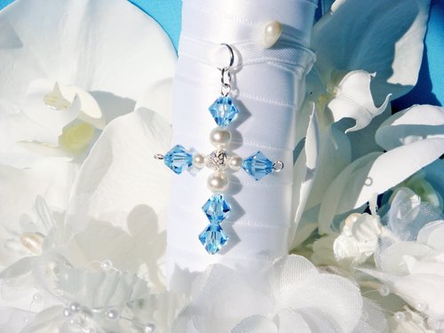 Swarovski Crystal Aquamarine Cross – Something Blue Charm for Bride’s Wedding Bouquet