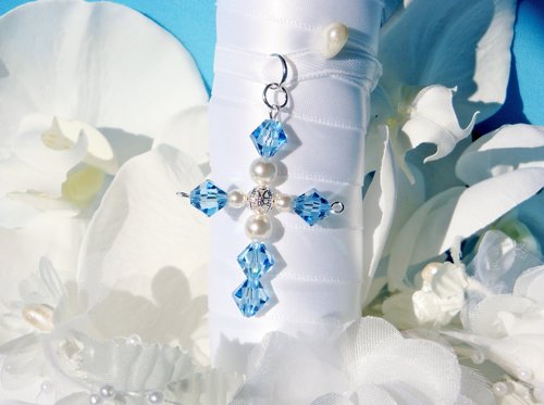 Swarovski Crystal Aquamarine Cross – Something Blue Charm for Bride’s Wedding Bouquet