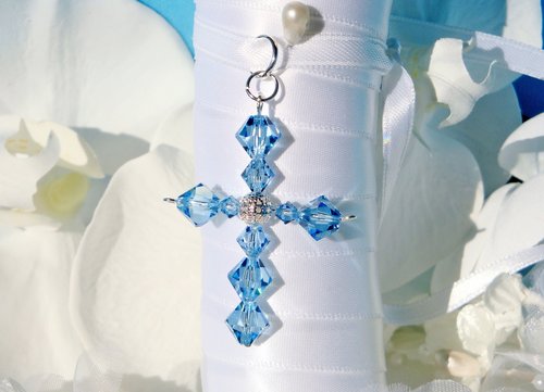 Something Blue Cross Bouquet Charm for Bride – Aquamarine Swarovski Crystal Wedding Keepsake