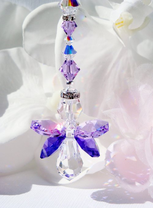 Purple Swarovski Angel Car Charm – Rearview Mirror Guardian, Sympathy Gift & Suncatcher