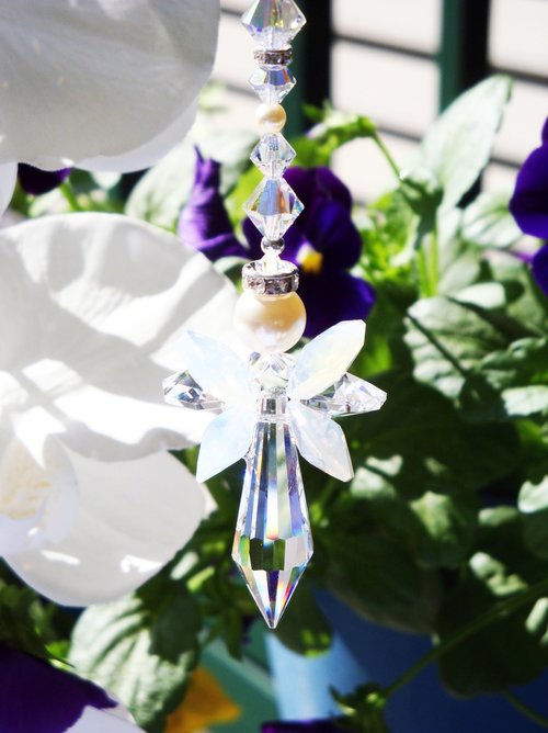 White Opal Angel Car Charm – Rear View Mirror Crystal Suncatcher | Guardian Angel Ornament & Sympathy Gift