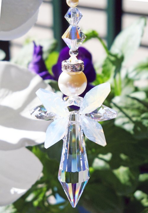 White Opal Angel Car Charm – Rear View Mirror Crystal Suncatcher | Guardian Angel Ornament & Sympathy Gift