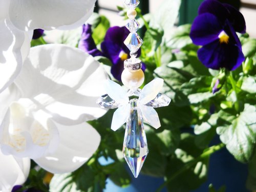 White Opal Angel Car Charm – Rear View Mirror Crystal Suncatcher | Guardian Angel Ornament & Sympathy Gift