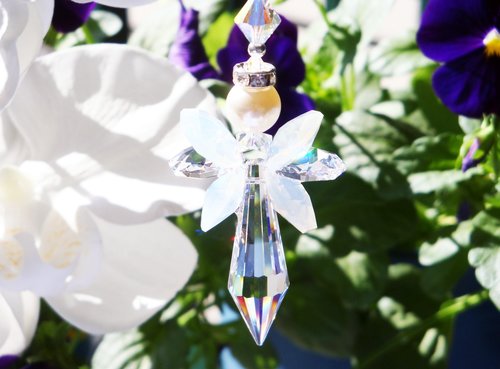 White Opal Angel Car Charm – Rear View Mirror Crystal Suncatcher | Guardian Angel Ornament & Sympathy Gift