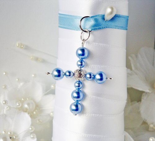 Something Blue Wedding Bouquet Charm – Swarovski Pearl Cross for Bride | Bridal Bouquet Keepsake Gift