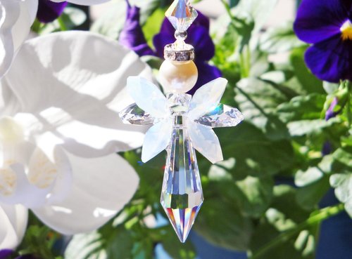 White Opal Angel Car Charm – Rear View Mirror Crystal Suncatcher | Guardian Angel Ornament & Sympathy Gift