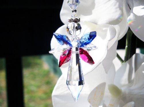 Red White and Blue Angel Car Charm – Patriotic Crystal Rearview Mirror Accessory, Memorial & Sympathy Gift