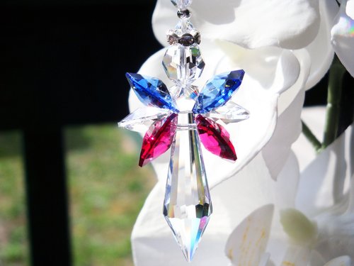 Red White and Blue Angel Car Charm – Patriotic Crystal Rearview Mirror Accessory, Memorial & Sympathy Gift