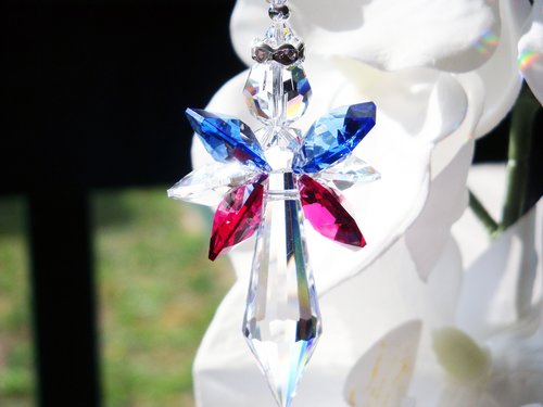 Red White and Blue Angel Car Charm – Patriotic Crystal Rearview Mirror Accessory, Memorial & Sympathy Gift