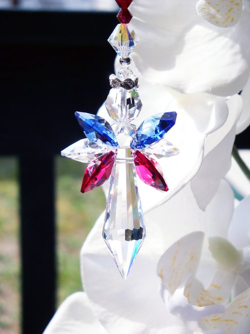 Red White and Blue Angel Car Charm – Patriotic Crystal Rearview Mirror Accessory, Memorial & Sympathy Gift