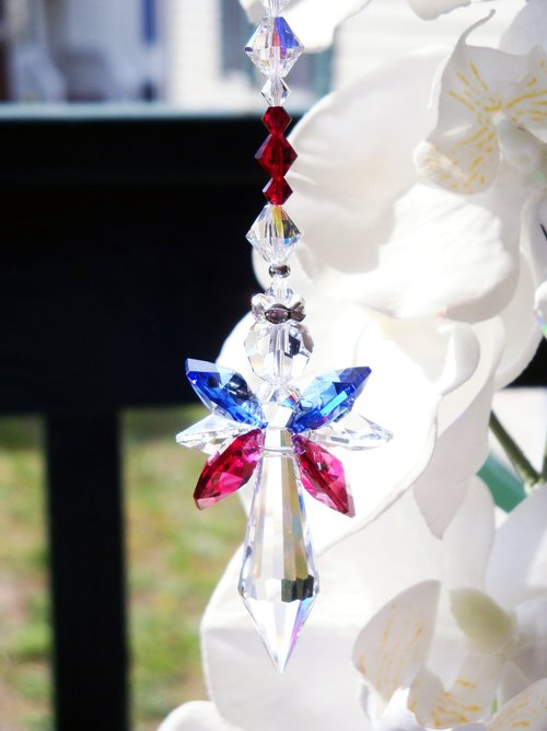 Red White and Blue Angel Car Charm – Patriotic Crystal Rearview Mirror Accessory, Memorial & Sympathy Gift