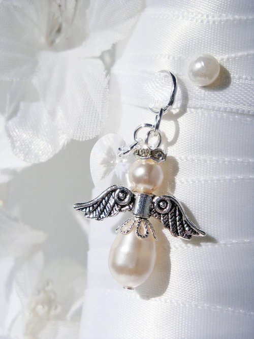Wedding Bouquet Charm – White Swarovski Pearl Angel Charm for Bride | Bridal Memorial Keepsake Gift