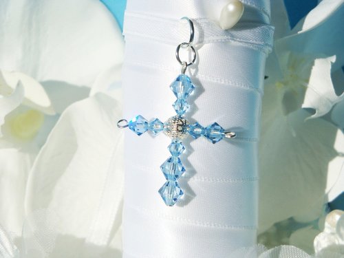 Wedding Bouquet Charm with Aquamarine Swarovski Crystal Cross – Something Blue for Bride Gift